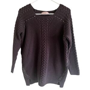 Philosophy Dark Gray Cable Knit Crewneck Sweater with Stud Accents